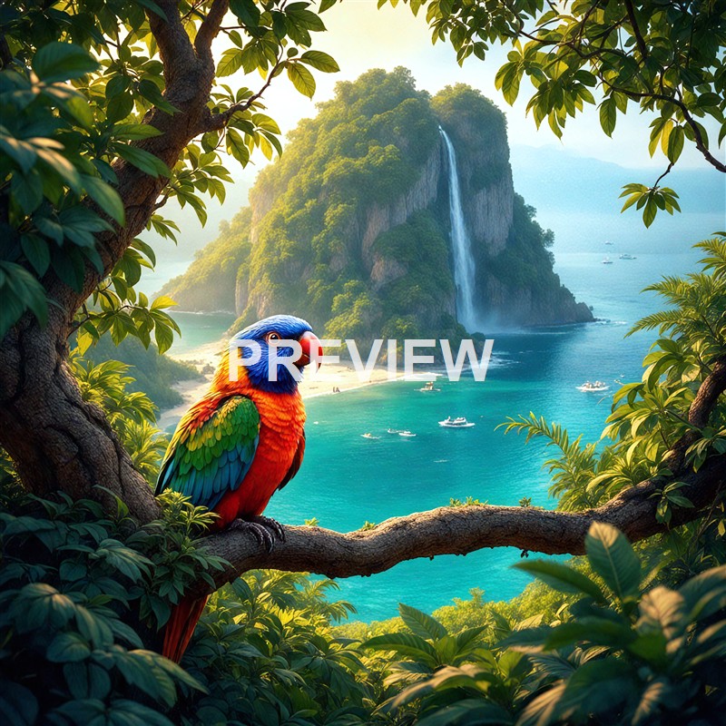 A vibrant rainbow-colored parrot perched on a tree branch overlooking a tropical beach with lush green foliage, a steep island with a waterfall, and a calm turquoise sea with boats in the background.